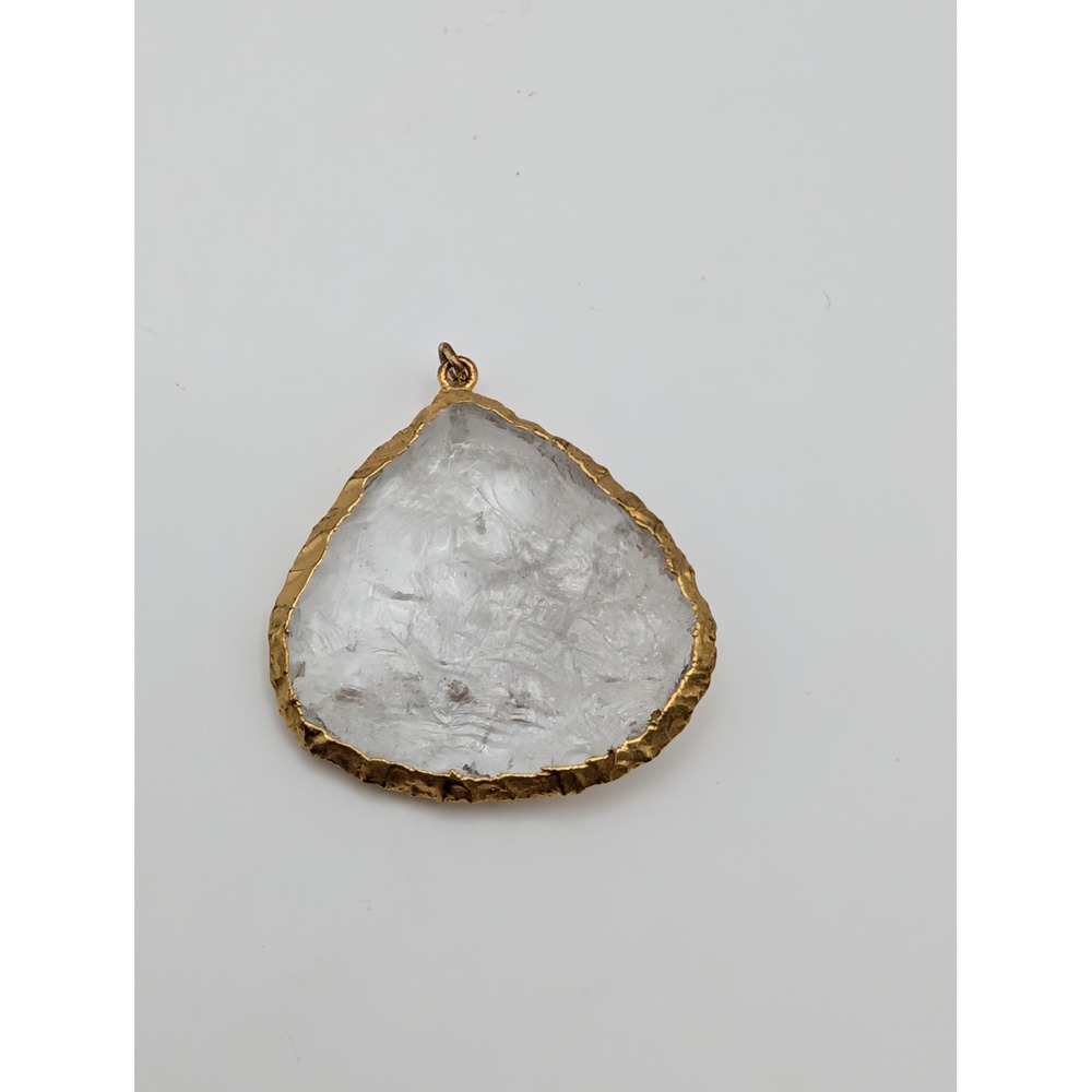 Unsigned Raw Clear Quartz Crystal Slice Pendant Gold Tone Edge Boho‎ Statement